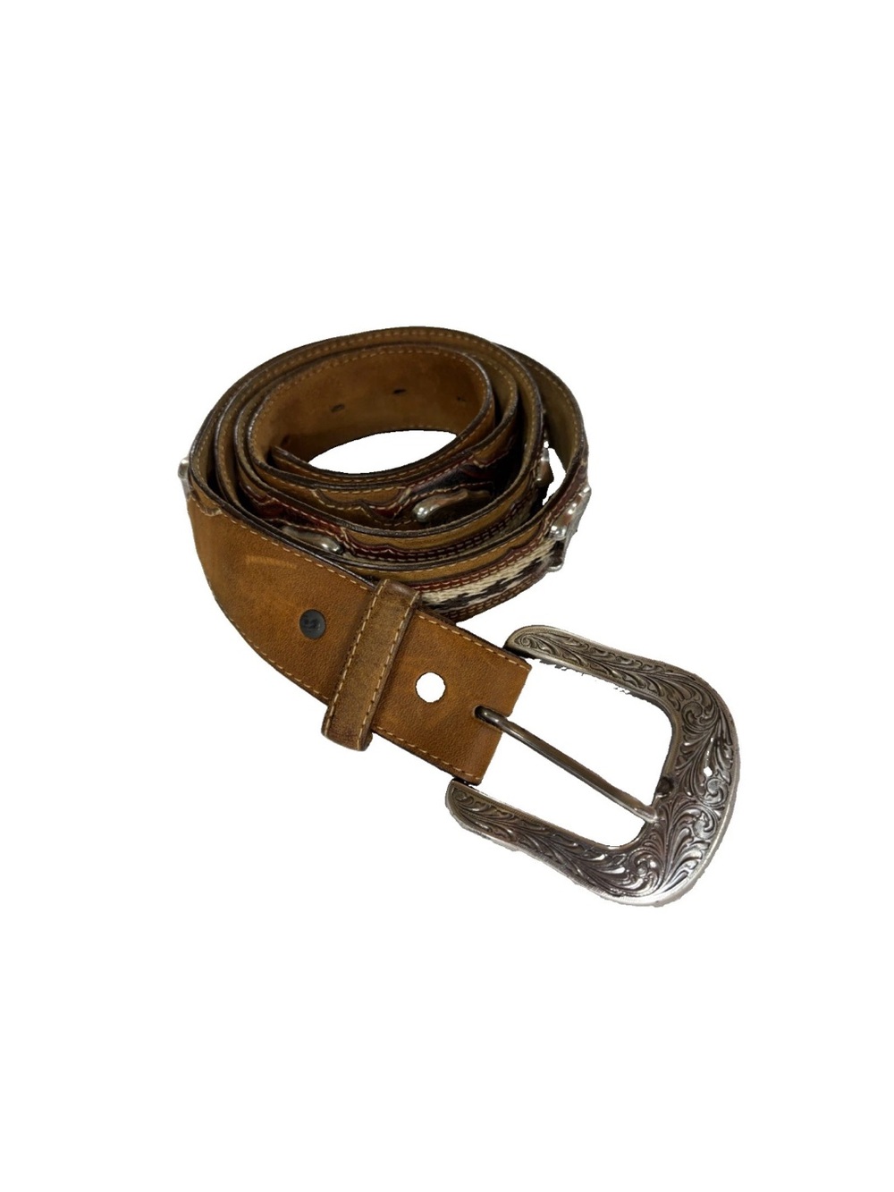 Tony Lama Western Leather Belt Size 44 Brown Hair-On-Hide Silver Hardware C1414